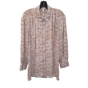 Halston Womens Button-Up Long Sleeve Blouse M Brown & Cream Animal Print 3935